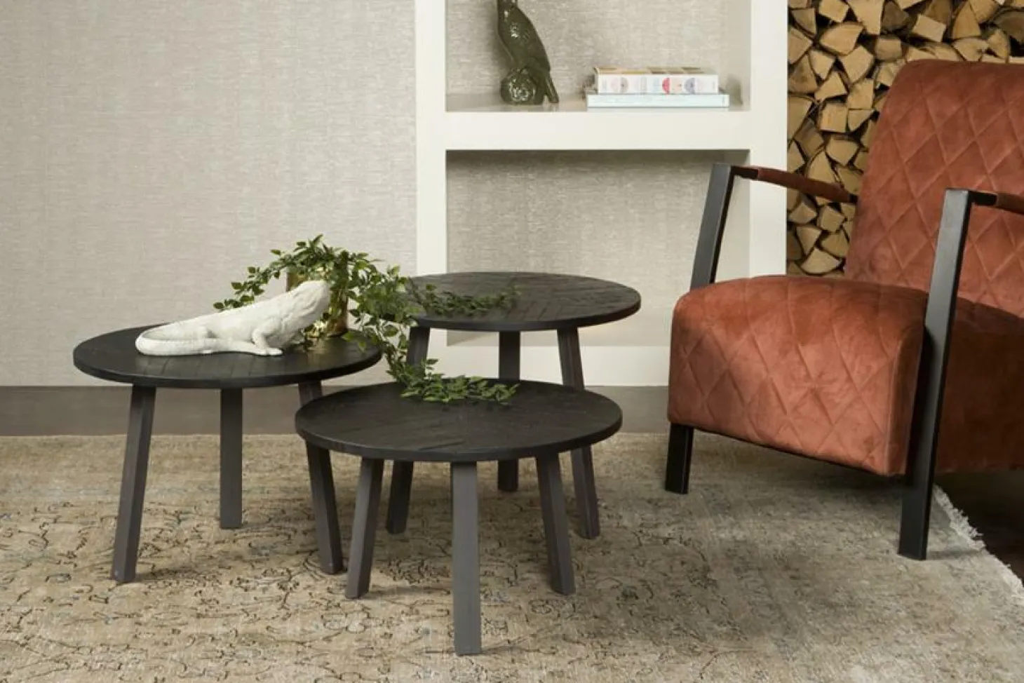 Bijzettafel Lazio Teakhout set van 3 stuks - zwart - Loft24.nl