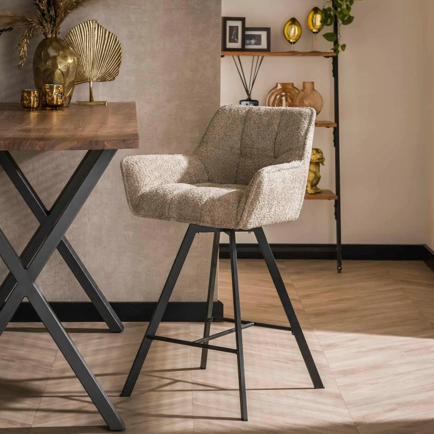 Draaibare Barstoel Raster Bouclé - Zandkleur - Loft24.nl