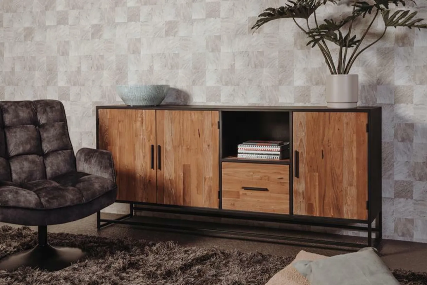 Dressoir Felino Teakhout 200 cm met 3 deuren 1 lade - Loft24.nl