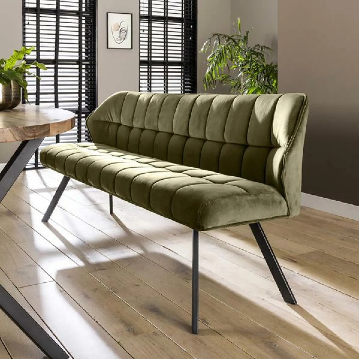 Eetkamerbank Velvet Raster Groen - 180 cm - Loft24.nl