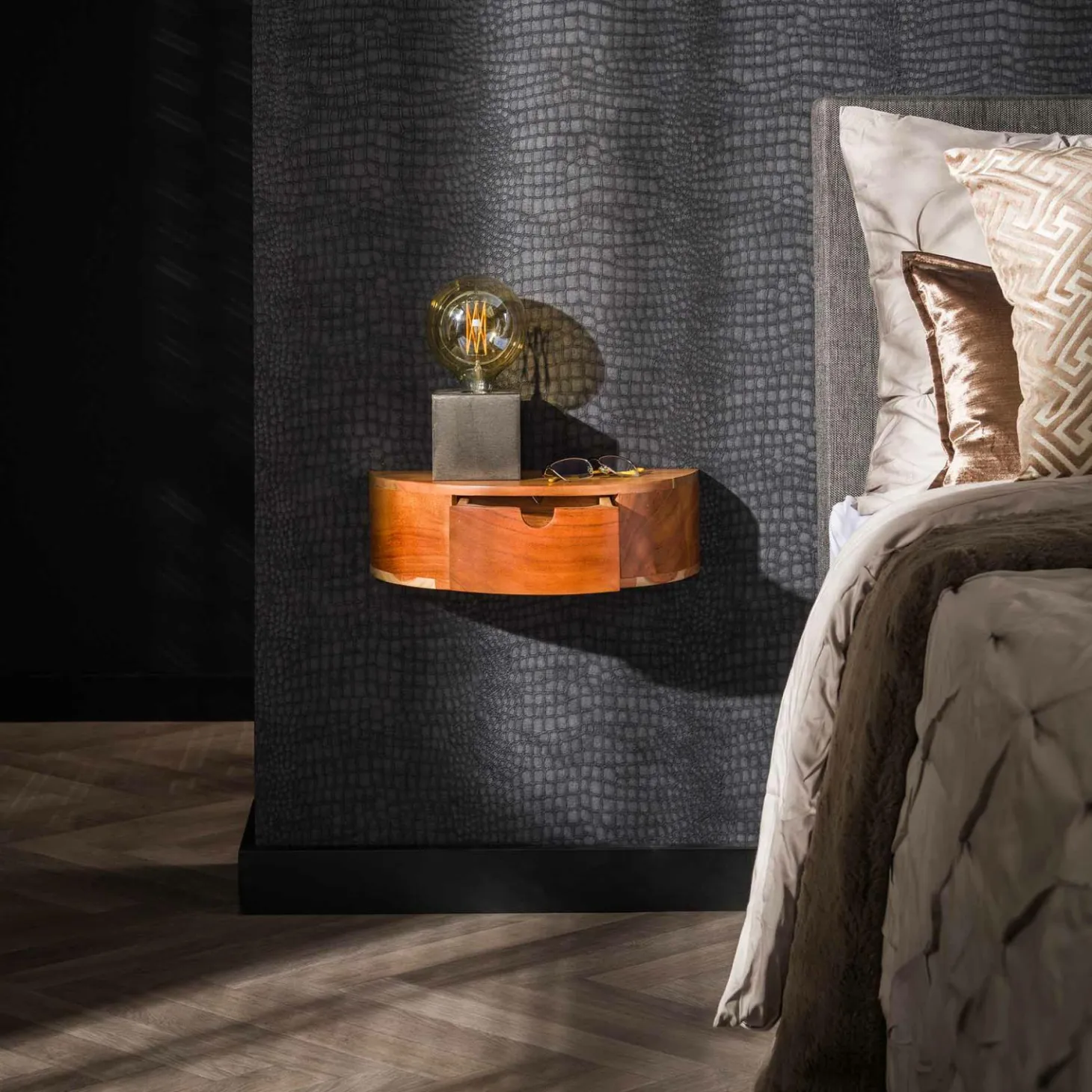 Hangend Nachtkastje Curve Acaciahout met 1 lade - Loft24.nl