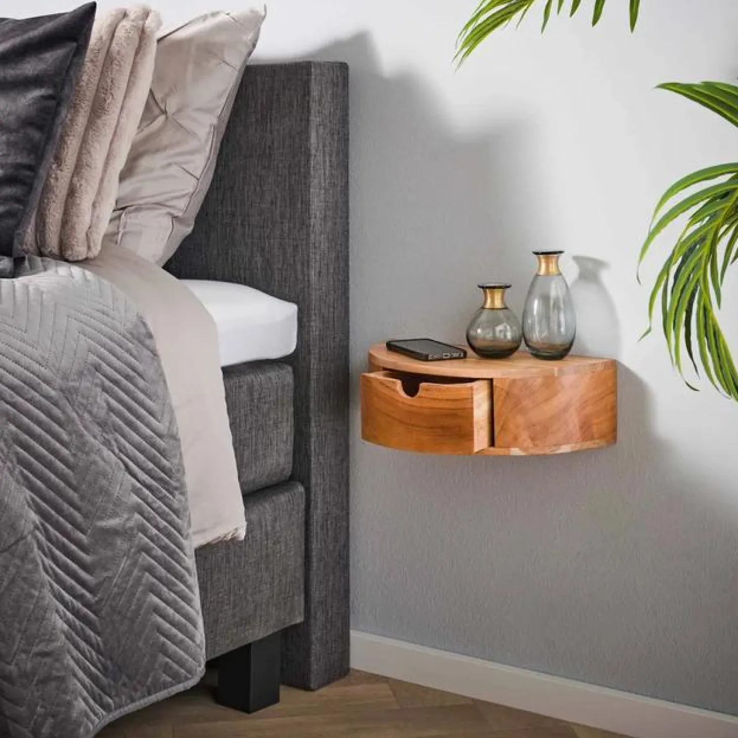 Hangend Nachtkastje Curve Acaciahout met 1 lade - Loft24.nl