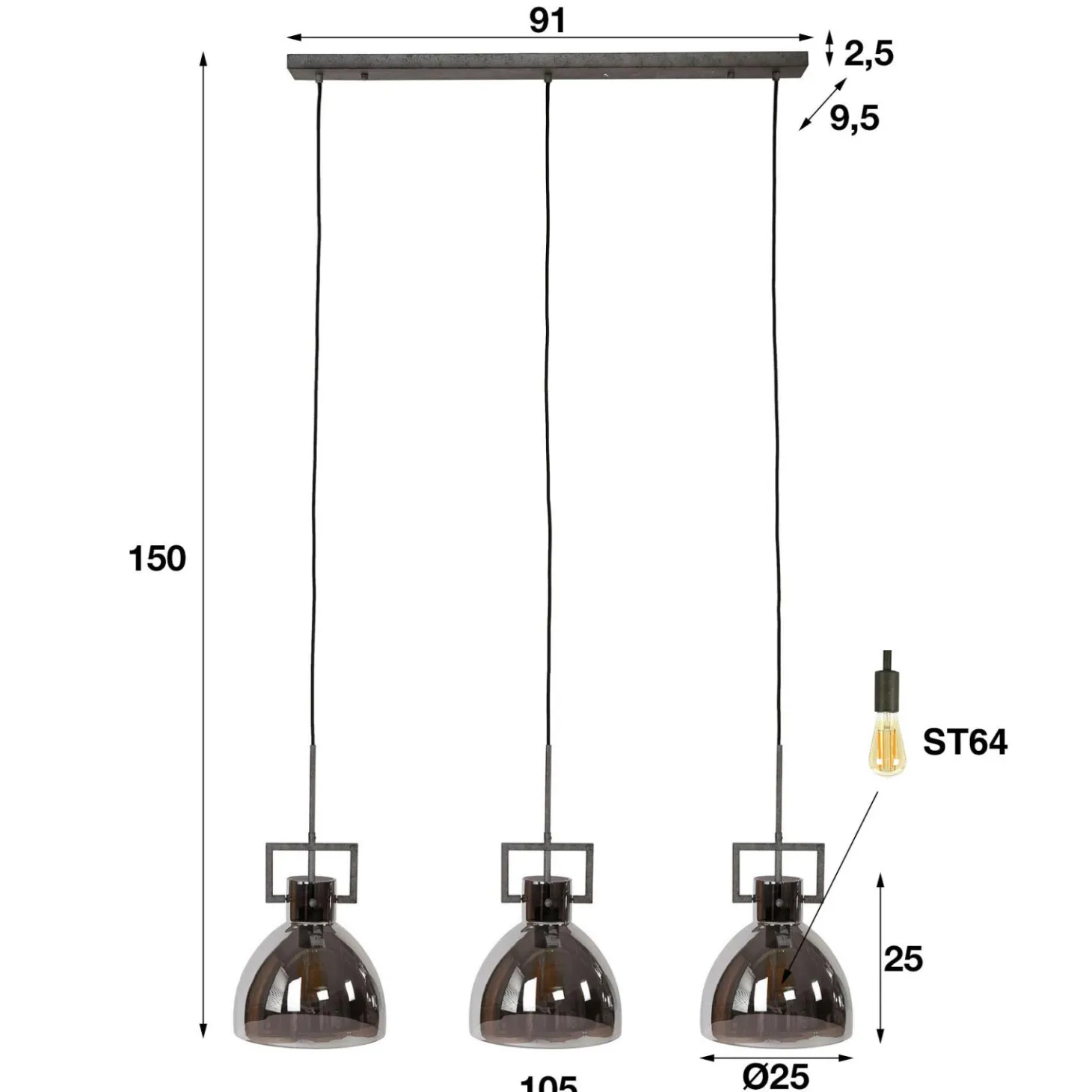 Hanglamp Industry Chromed glass 3 lampen - Loft24.nl