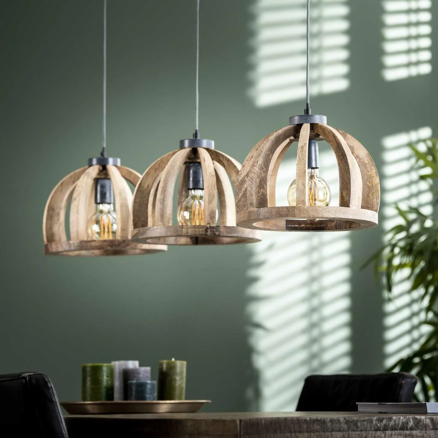 Hanglamp Launch Gebogen Spijlen Mangohout - 3 lampen - Loft24.nl