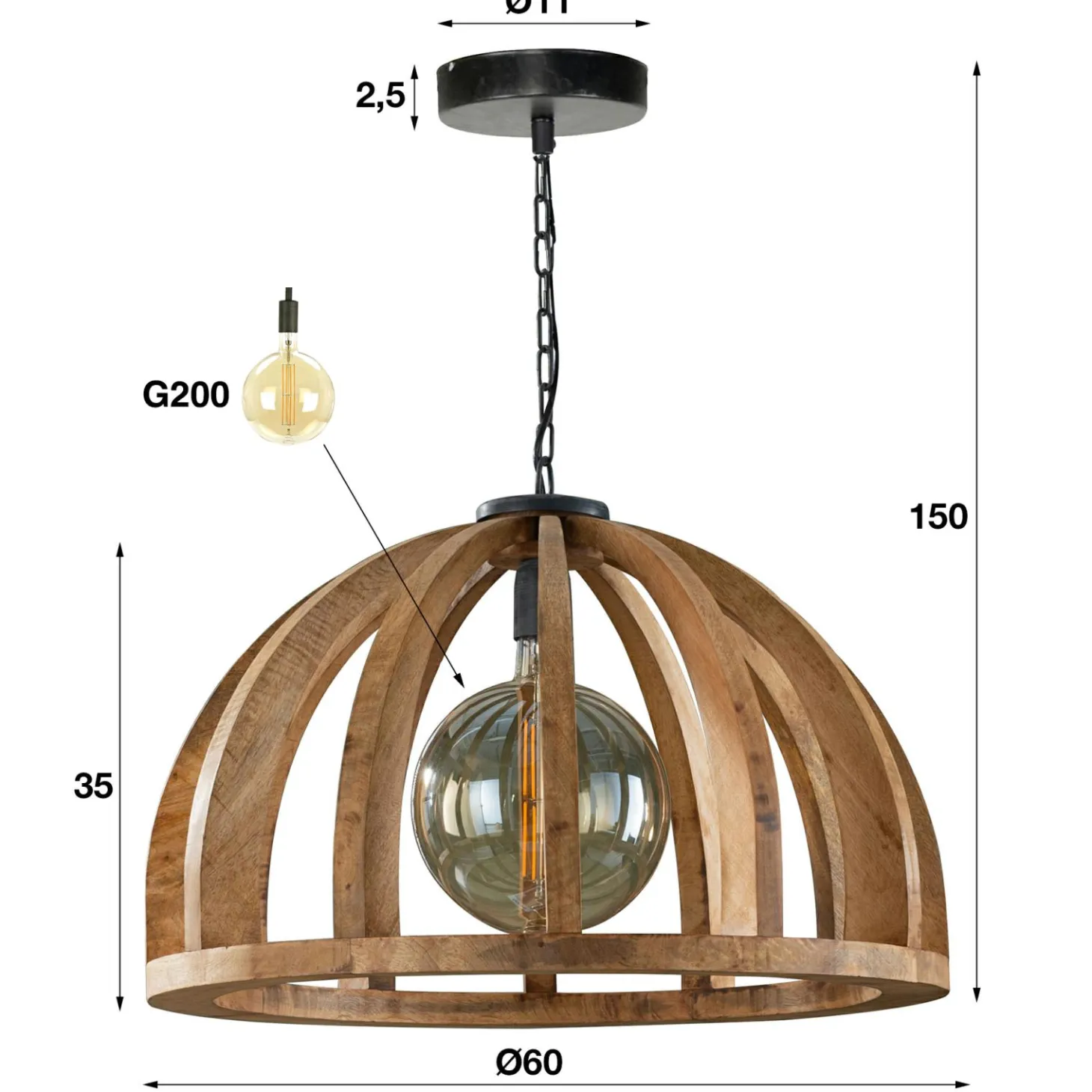 Hanglamp Launch Gebogen Spijlen Mangohout - 1 lamp - Loft24.nl