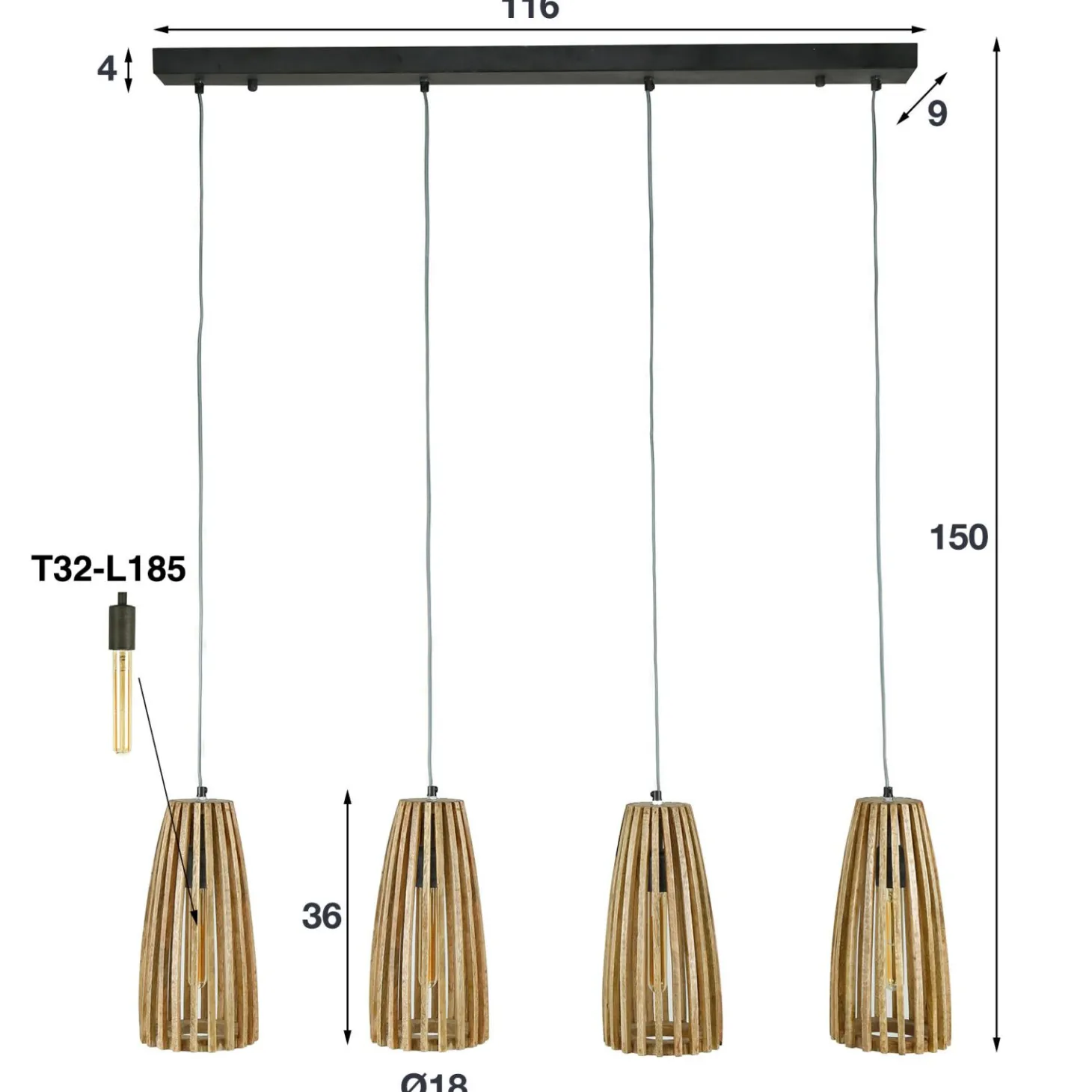 Hanglamp Launch 4 lampen Mangohout (showmodel) - Loft24.nl