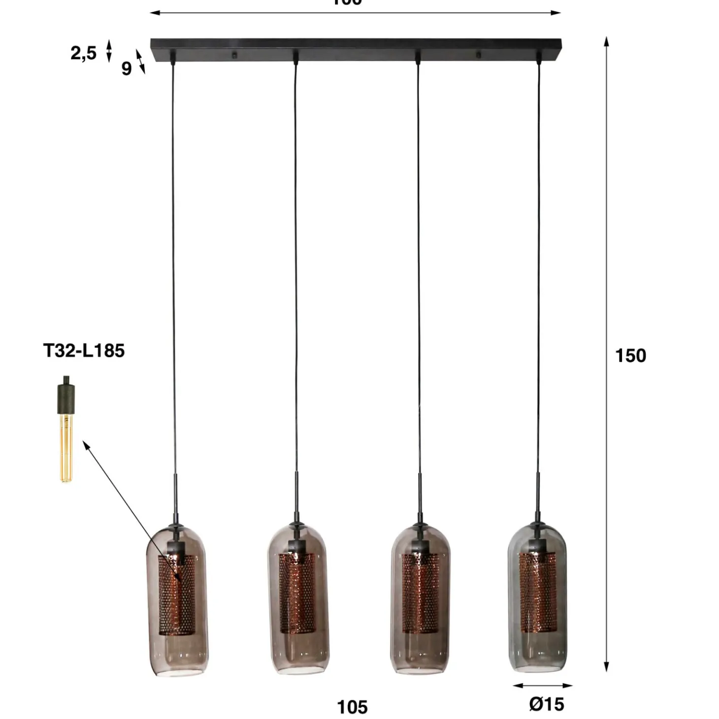 Hanglamp 4L getint glas-geperforeerd staal - Loft24.nl