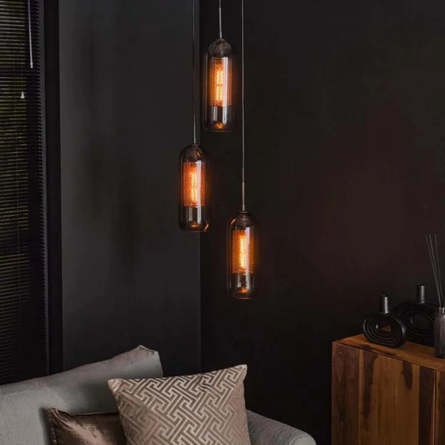 Hanglamp 4L getint glas-geperforeerd staal - Loft24.nl