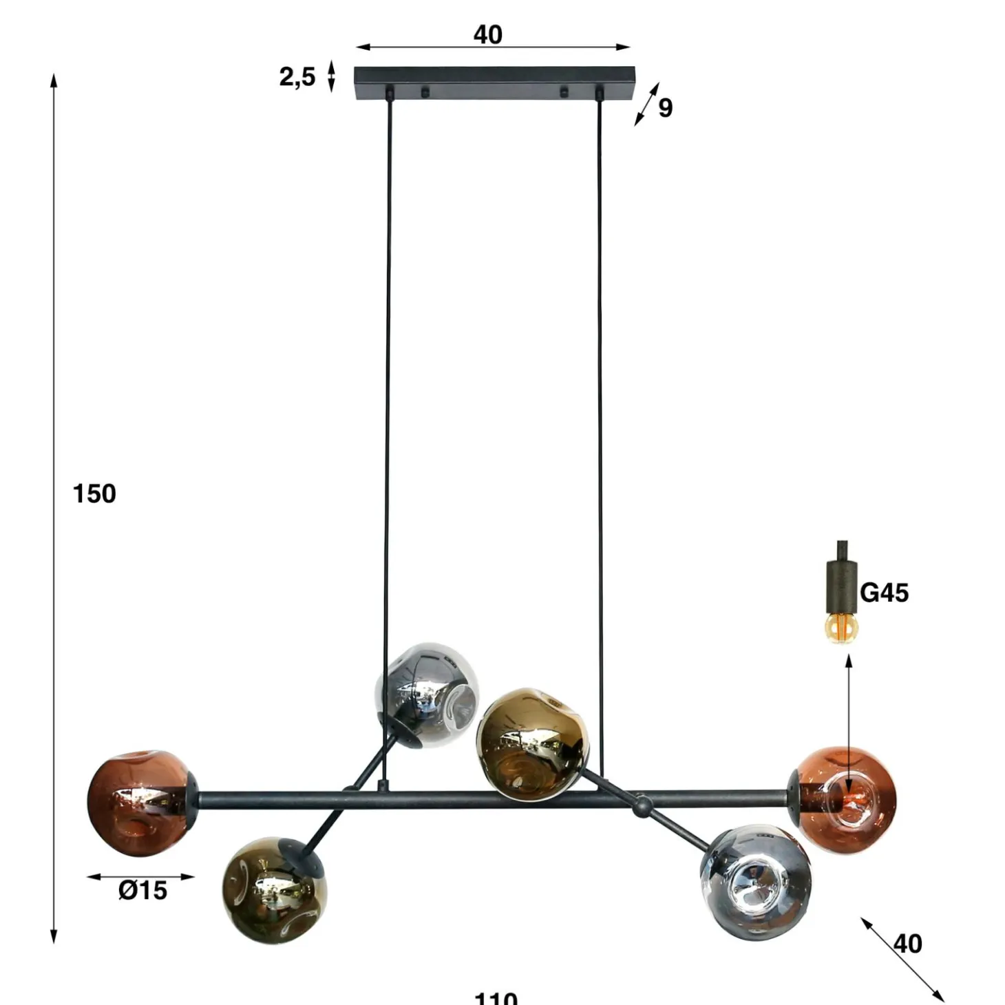 Hanglamp 6L Molecule Mix Glas - Loft24.nl