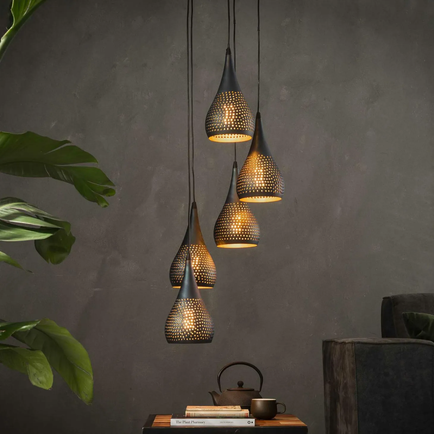 Hanglamp Punch Druppel Getrapt Zwart Bruin - 5 lampen - Loft24.nl
