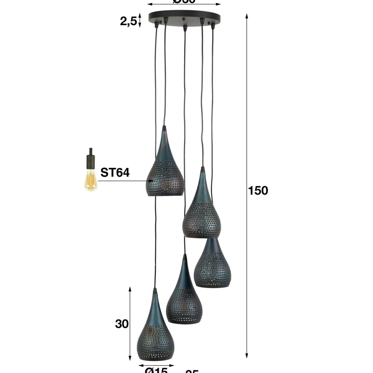 Hanglamp Punch Druppel Getrapt Zwart Bruin - 5 lampen - Loft24.nl