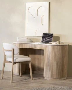 Organisch Bureau Kira Mangohout en Travertin - Naturel - Loft24.nl