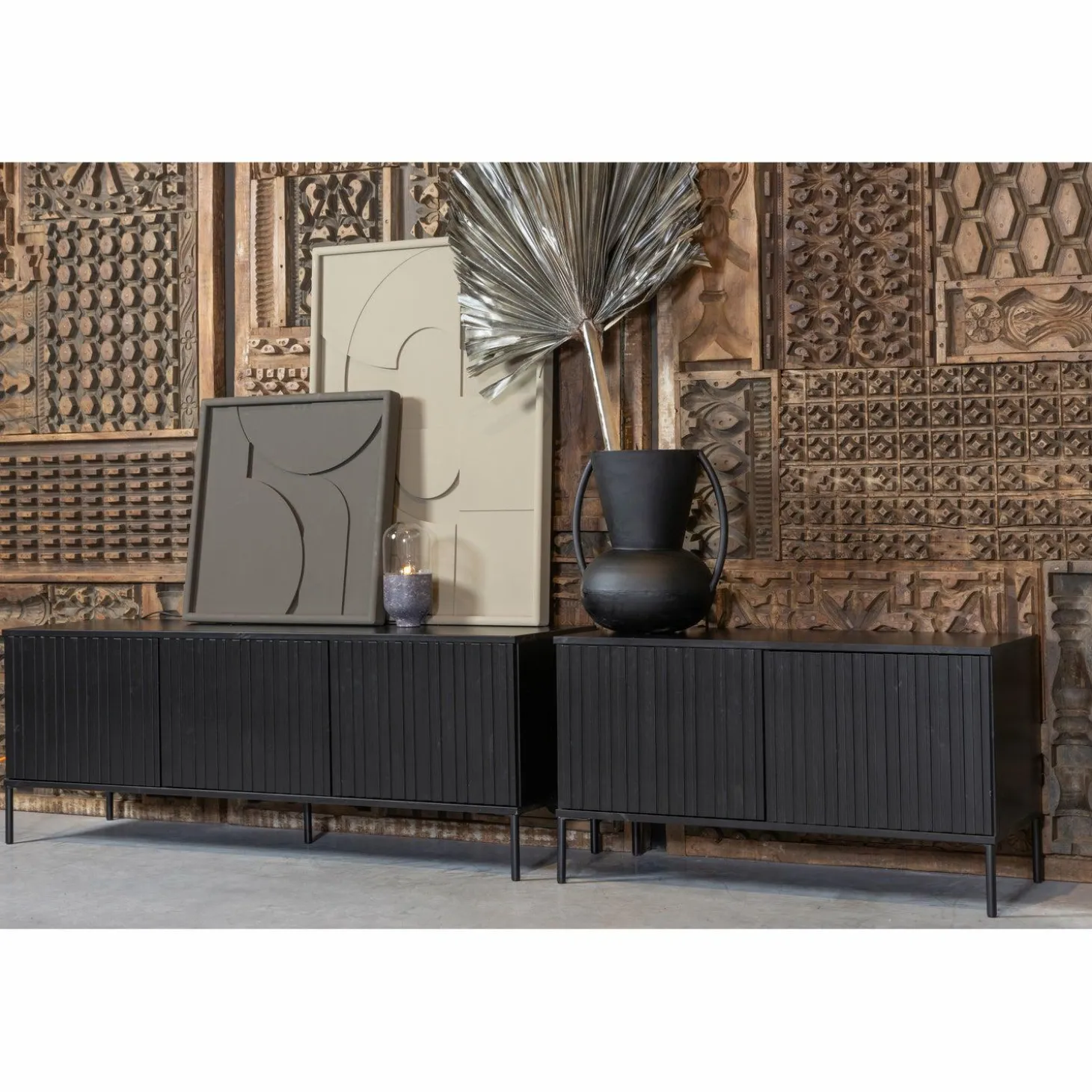TV-meubel New Gravure Grenen 150cm - Zwart - Loft24.nl