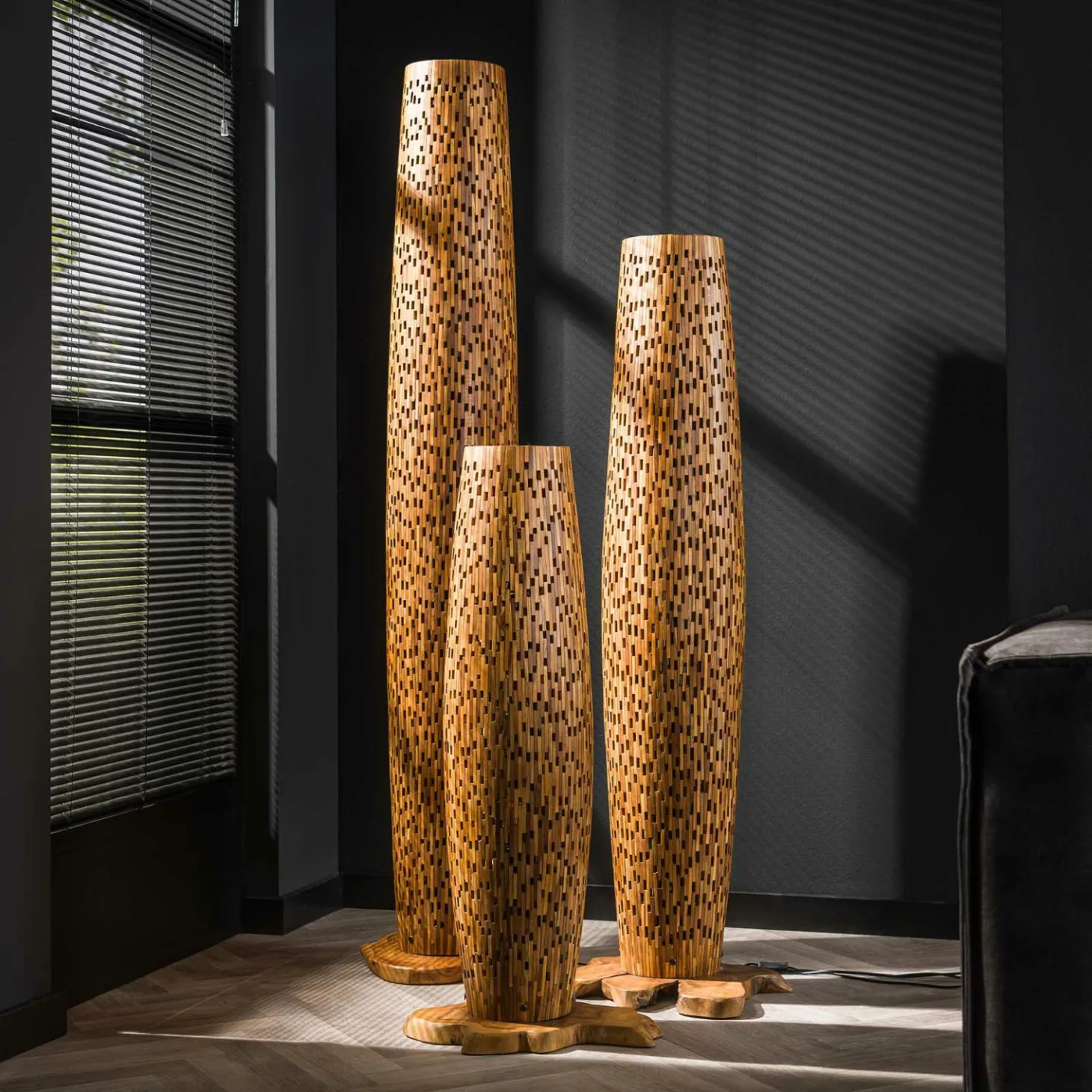 Vloerlamp Bars Medium 145cm 3 lampen Teakhout - Loft24.nl