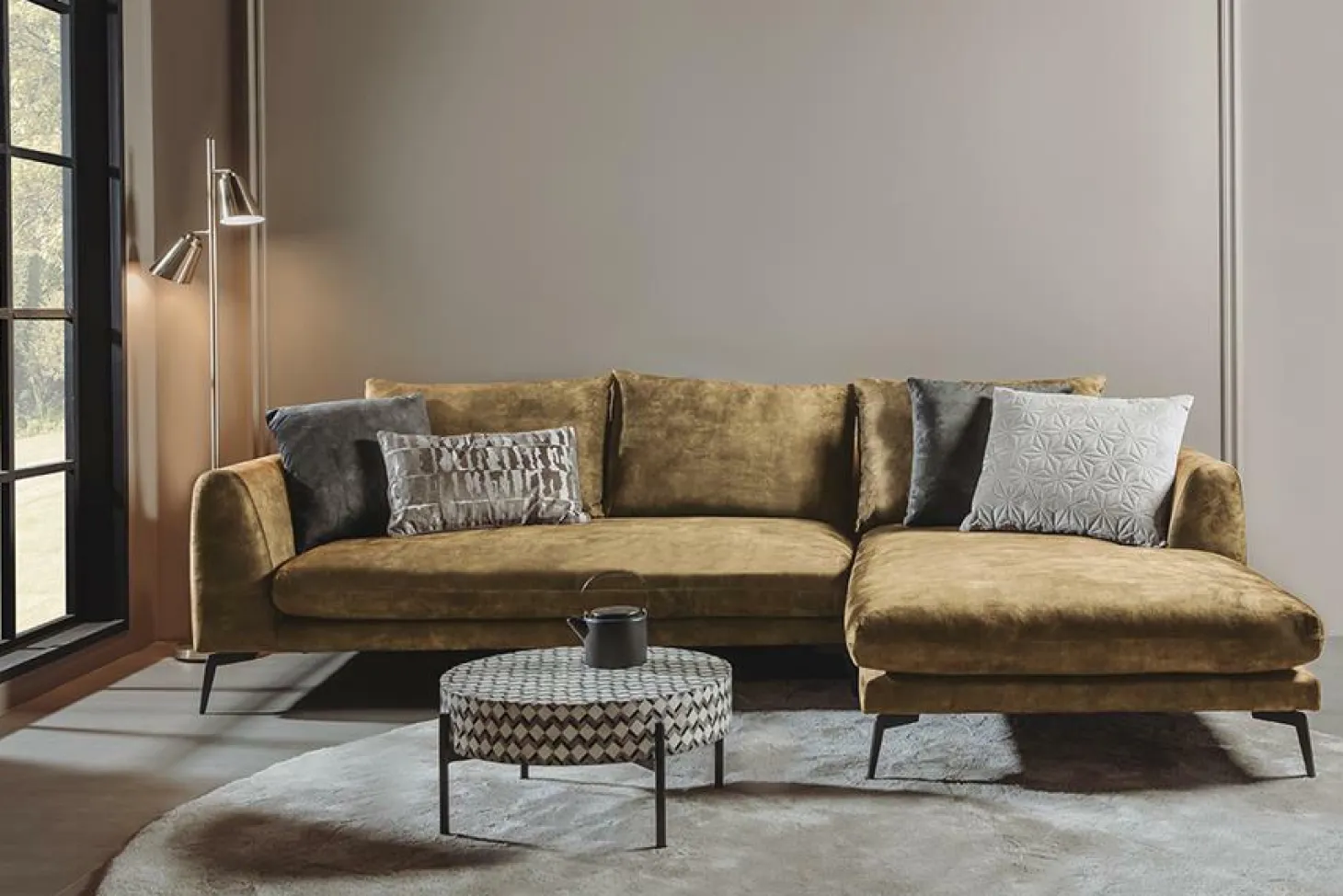 2,5-zits Loungebank Nottingham Velvet - Mosterdgeel (Lounge Rechts) - Loft24.nl